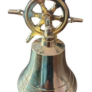 Vintage Brass Ship Wheel Wall Bell with Rope – Nautical Décor & Marine Collectible