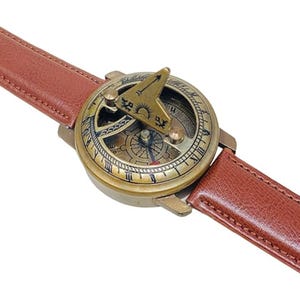 Antique Brass Sundial Wristwatch with Leather Strap – Vintage Compass Style