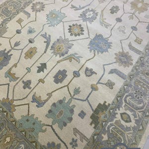 Handmade Oushak Rug 8x10 | Ivory & Sage Wool Area Rug with Geometric Floral Motif | Traditional Turkish Carpet for Neutral Interiors