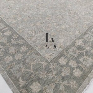 Hand-Knotted Wool Area Rug: Muted Green Floral Turkish Oushak
