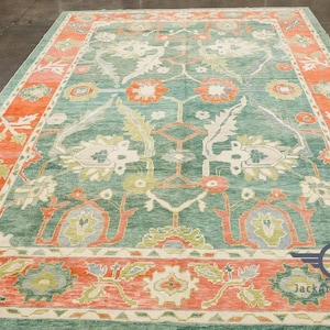 Handmade Oushak Wool Rug 8x10: Green & Orange Floral Turkish Carpet
