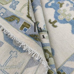 Handmade Oushak Wool Rug: Blue Ivory Floral Turkish Carpet
