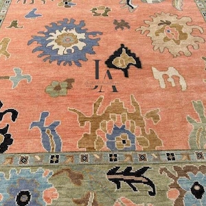 Hand-Knotted Oushak Wool Rug: Salmon Peach Turkish Vintage Style