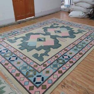 Geometric Oushak Rug 9x12 | Pink Green Blue Hand-Knotted Wool Turkish Area Carpet | Modern Pastel Tribal Design for Living Room