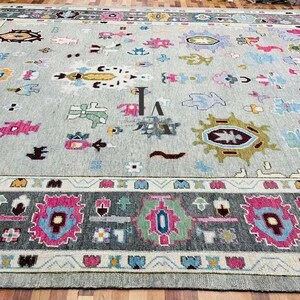 Gray Oushak Rug 9x12: Handmade Wool Turkish Vintage Carpet