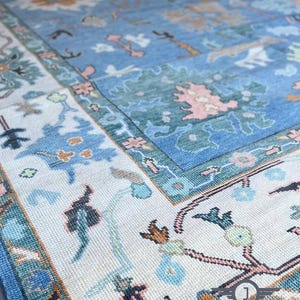Oushak Rug 9x12 | Blue Green Pink Hand-Knotted Wool Turkish Area Rug | Vintage Floral Oriental Carpet for Living Room or Bedroom