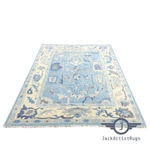 Sky Blue Oushak Rug 8x10: Hand-Knotted Turkish Wool, Boho Farmhouse Decor