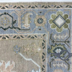 Hand-Knotted Oushak Rug 8x10 – Turkish Wool Area Rug in Soft Taupe & Blue | Vintage Style Traditional Anatolian Floral Carpet