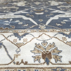 Blue Oushak Rug 9x12 | Hand-Knotted Wool Area Rug | Traditional Turkish Design | Navy & Ivory | Classic Vintage Decor Accent