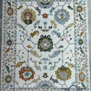 Handmade Oushak Rug 8x10 | Ivory Turkish Wool Rug with Colorful Floral Motif | Vintage Style Area Carpet for Boho & Classic Interiors