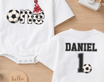 Personalized Soccer 1st Birthday Baby Romper, One Year Old Soccer Bodysuit, Custom Name Birthday Outfit, Soft Cotton Gift