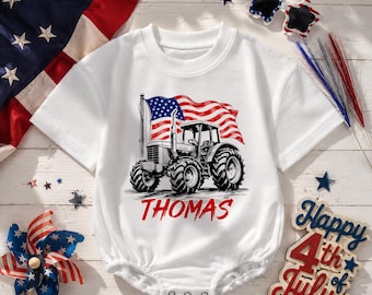Personalized Tractor Baby Romper, 4th of July Baby Outfit, Patriotic Farm Baby Bodysuit, Custom Name Infant Clothes, Independence Day Romper