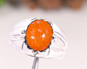 メキシコオパールの手作りシルバーリング。 メキシカンオパール スターリングシルバーリング サイズ8.25 オレンジ