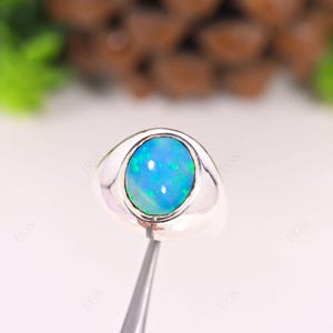 Opal Men&#39;s Ring Wolf Head Inlaid Blue Opal Ring: Sterling Silver 925 Art Deco Mens Ring Gifts For Him