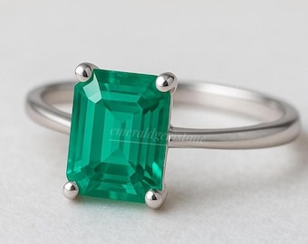 Anillo de esmeralda talla esmeralda: solitario de plata de ley, piedra de nacimiento de mayo