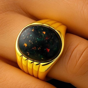 Ring mit schwarzem Feueropal | Vergoldetes Sterlingsilber, Art-Deco-Stil