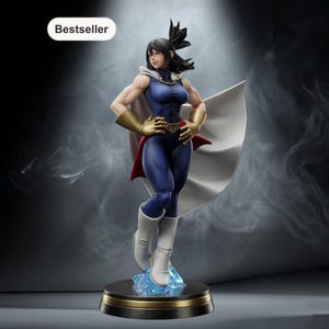 Puede incluir: Figura detallada de una superheroína en una pose dinámica. Viste un body azul marino, guantes dorados y botas blancas. Una capa blanca con forro rojo ondea tras ella. La base es negra y dorada, con un adorno azul en forma de cristal. La palabra "Bestseller" está en la esquina superior izquierda.