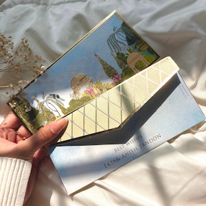 Puede incluir: Una invitación ornamentada con un fondo azul que presenta una ilustración detallada de un jardín con una estructura de cúpula. El sobre es de color oro claro con un patrón geométrico. El texto dice "Best Wishes Ekta & Anish Tandon."