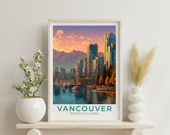 May include: A framed print depicting Vancouver, British Columbia, showcasing a cityscape with high-rise buildings, mountains, and a harbor. The artwork has a warm colour scheme with a sunset sky and the text "VANCOUVER BRITISH COLUMBIA" at the bottom.