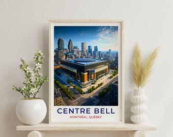 May include: Framed print of the Centre Bell arena in Montreal, Quebec, with a cityscape backdrop. The image features the arena's exterior, with the text "Centre Bell" and "Montréal, Québec" at the bottom. The print is displayed on a wooden shelf.