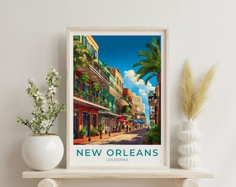 May include: A framed art print featuring a vibrant street scene in New Orleans, Louisiana, with colorful buildings, wrought iron balconies, lush palm trees, and blue skies. The text NEW ORLEANS LOUISIANA is printed in teal at the bottom of the image.