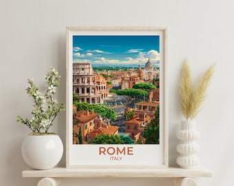 May include: A framed print of Rome, Italy, featuring the Colosseum and other landmarks. The artwork showcases a vibrant cityscape under a bright blue sky with fluffy clouds. The word "ROME" is printed in a brown font.