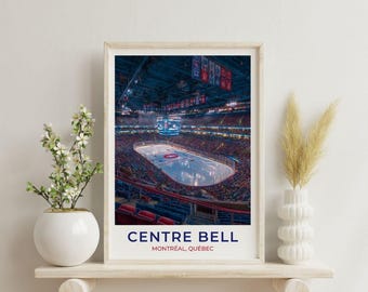 May include: A rectangular wall art print featuring a high-angle interior view of the Centre Bell hockey arena in Montreal, Quebec. The image shows the ice rink, seating, and stadium lights. The text reads CENTRE BELL MONTRÉAL, QUÉBEC.