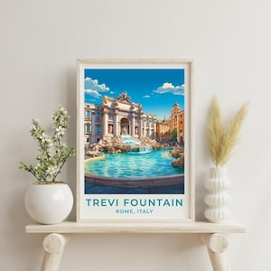 May include: A framed print of the Trevi Fountain in Rome, Italy. The artwork shows the fountain with turquoise water, a detailed facade, and a bright blue sky. The text "Trevi Fountain, Rome, Italy" is at the bottom.