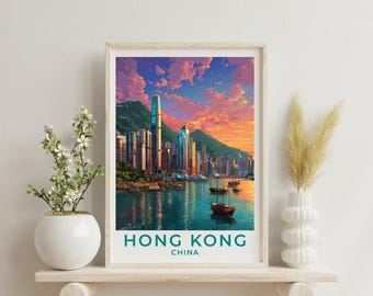 Hong Kong Travel Print Wall Decor China Home Living Decor Art Illustration Hong Kong Travel Poster Landscape Hong Kong China Prints for Home