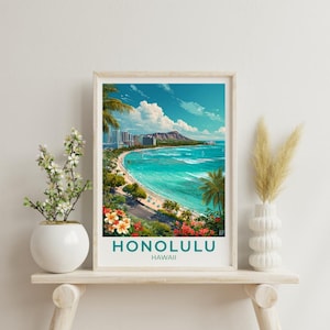 Hawaii Travel Art Honolulu Poster Print Wall Decor Gift Hawaii Vintage Style Travel Poster Hawaii Art Scenic Poster Print Gift for Tourist