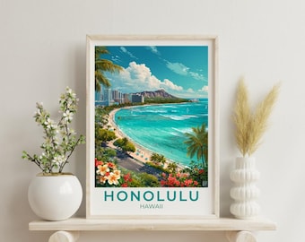May include: A vertical rectangular art print featuring a vibrant coastal scene of Honolulu, Hawaii. The image displays a turquoise ocean, a sandy beach, palm trees, and a distant mountain peak under a blue sky. The text HONOLULU HAWAII is printed below.