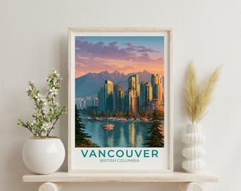 May include: A framed art print featuring a sunset view of the Vancouver, British Columbia skyline with mountains in the background, a harbour with boats, and evergreen trees in the foreground. The text VANCOUVER BRITISH COLUMBIA is printed below.