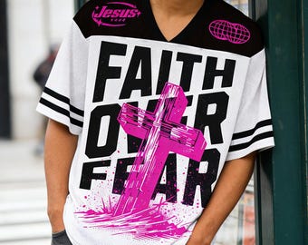 Glaube über Angst Kreuz Jersey Christian Mesh Jersey Jesus Trendy Jersey Streetwear Jersey Geschenk WM Spieltag Kader Religiöses Geschenk