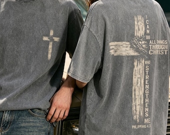 Camiseta cristiana "Puedo hacer todas las cosas a través de ti" Camiseta con la cruz de Cristo Camiseta unisex Camiseta de Jesús Camiseta con versículo bíblico Camiseta basada en la fe Regalo religioso de la iglesia