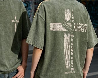 Camiseta cristiana vintage lavada: estampado de cruz, camiseta con mensaje de fe.