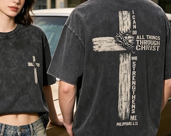 Puedo hacer todas las cosas a través de la camiseta lavada con la cruz de Cristo, camiseta cristiana unisex, camiseta con versículo bíblico de Jesús, camiseta basada en la fe, regalo religioso