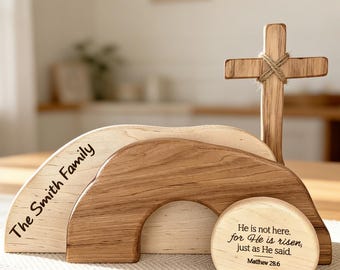 Er ist auferstanden Ostern Holzblock Christian Auferstehung Tischschild Religiöse Wohnkultur Geschenk Leeres Grab Kreuz Holzregal