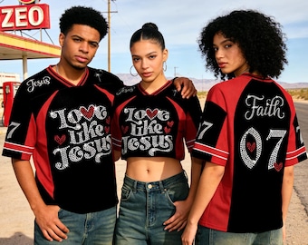 Christliche Liebe wie Jesus Sparkle Jersey Strass Effekt Mesh Jersey Trendy Blokecore Jersey Kirche Jersey Spieltag Jersey Religiöses Geschenk