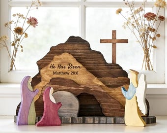 Er ist auferstanden Ostern Holzblock Set Christliche Auferstehung Szene Tischschild Religiöse Wohnkultur Geschenk Jesus Leeres Grab Kreuz Holzregal