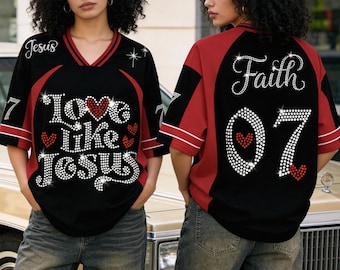 Liebe wie Jesus Sparkle Jersey Christian Strass Effekt Mesh Jersey Jesus Trendy Jersey Streetwear Jersey Spieltag Squad Religiöses Geschenk
