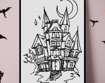 Halloween Haunted House Silhouette PDF Counted Cross-Stitch Pattern Chart Needlepoint