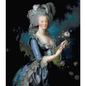 May include: A portrait of a woman in a blue gown with silver accents, holding a bouquet of flowers. She has a large, powdered wig and a pearl necklace. The background is dark with hints of blue.