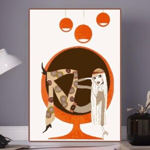 May include: An illustration of a woman reclining in an orange chair. The woman has long white hair and is wearing a beige outfit with a patterned design. Three orange orbs hang from the top of the image.
