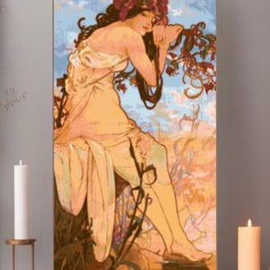 May include: A rectangular art print featuring a woman with long dark hair and a floral headpiece, dressed in a flowing gown. The artwork has a vintage style with a color palette of beige, blue, and brown. The print is displayed on a wooden mantelpiece.