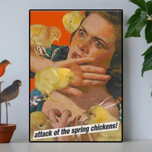 Puede incluir: Una impresión artística enmarcada con una ilustración retro de una mujer sorprendida, rodeada de pollitos amarillos. El texto "attack of the spring chickens!" está en la parte inferior, creando una escena humorística.