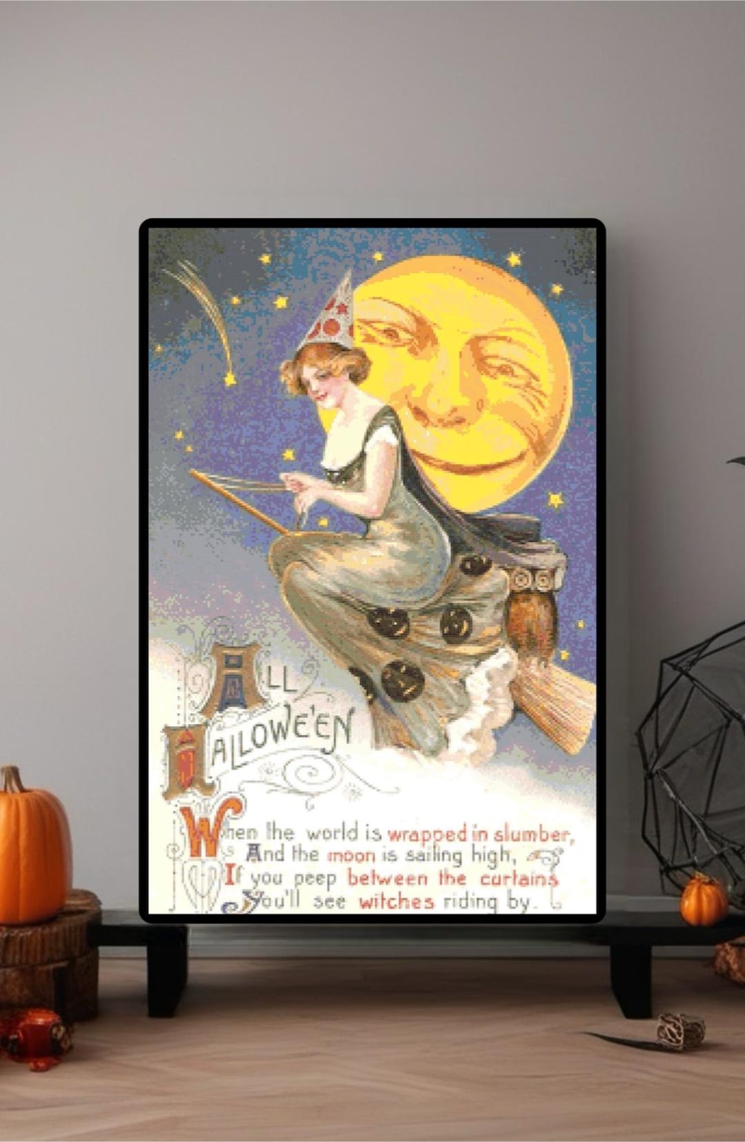 Vintage Halloween Witch on Broom PDF Counted Cross Stitch Pattern Chart ...