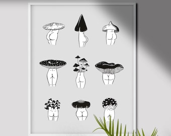 Impressão artística engraçada de bunda de cogumelo: decoração de banheiro com humor peculiar (download digital)