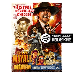Puede incluir: Un cartel de película vintage de "A Fistful of Travellers' Cheques" con un vaquero con una pistola y otros actores. El cartel tiene una combinación de colores rojo y amarillo con los nombres Rik Mayall y Peter Richardson.