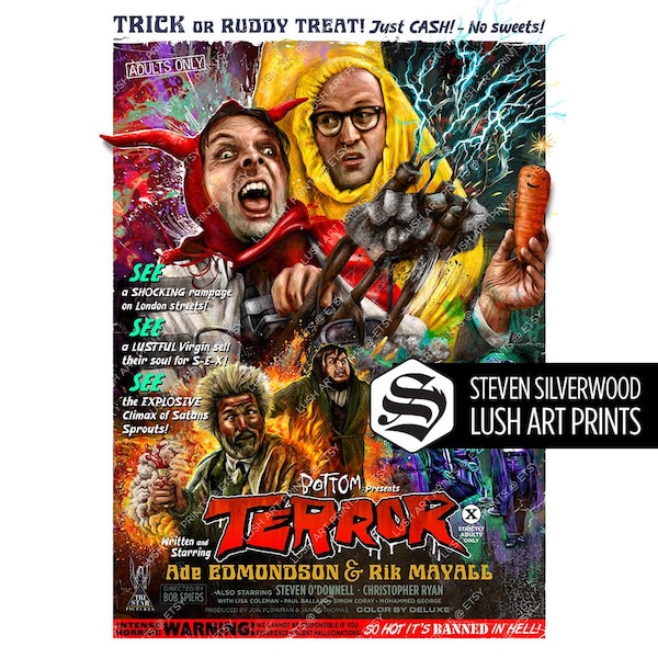 Bottom 'Terror' Signed Film Poster art, Movie Poster Wall decor, Rik Mayall Ade Edmondson, Horror Hammer, Halloween TV Gen X comedy Dad gift