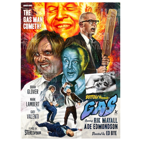 Unten 'Gas' signiertes limitiertes A3 Vintage Poster. Retro Wandkunst. Klassisches Filmplakat. Rik Mayall Ade Edmondson.